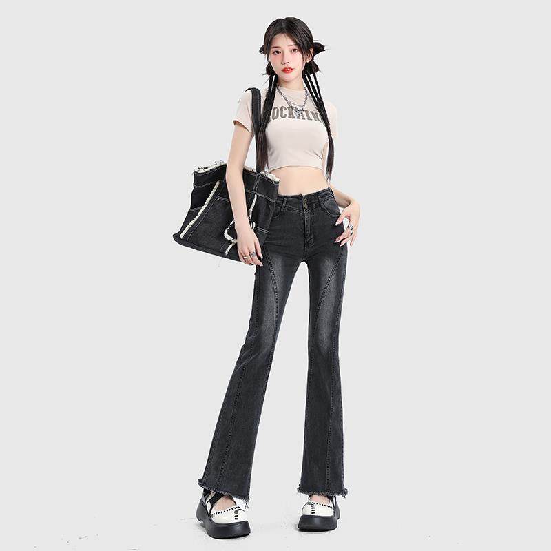 VWU高腰辣妹牛仔裤女2024新款春秋喇叭裤显瘦提臀修身阔腿马蹄裤
