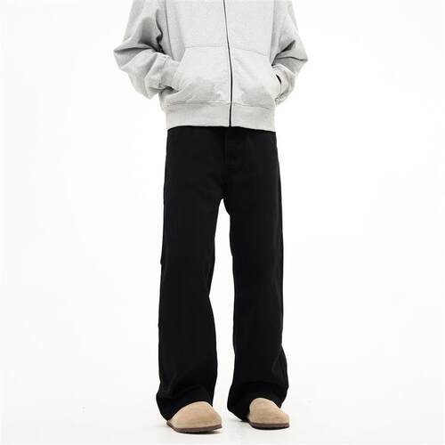 FLYOFF街头潮流直筒微喇黑色加绒牛仔裤男美式休闲cleanfit长裤子