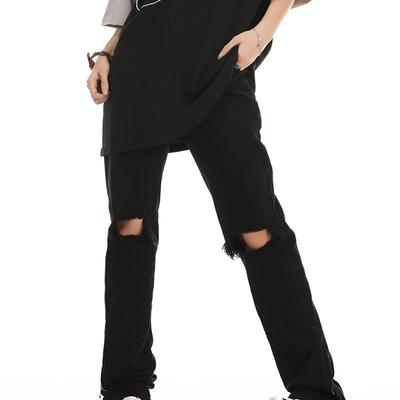 ZLAYCO高街欧美vibe膝盖破洞直筒微喇高弹牛仔裤男女黑色拉链长裤