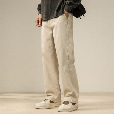 秋冬新款直筒休闲裤男简约杏色纯棉阔腿裤宽松大码加厚运动长裤子