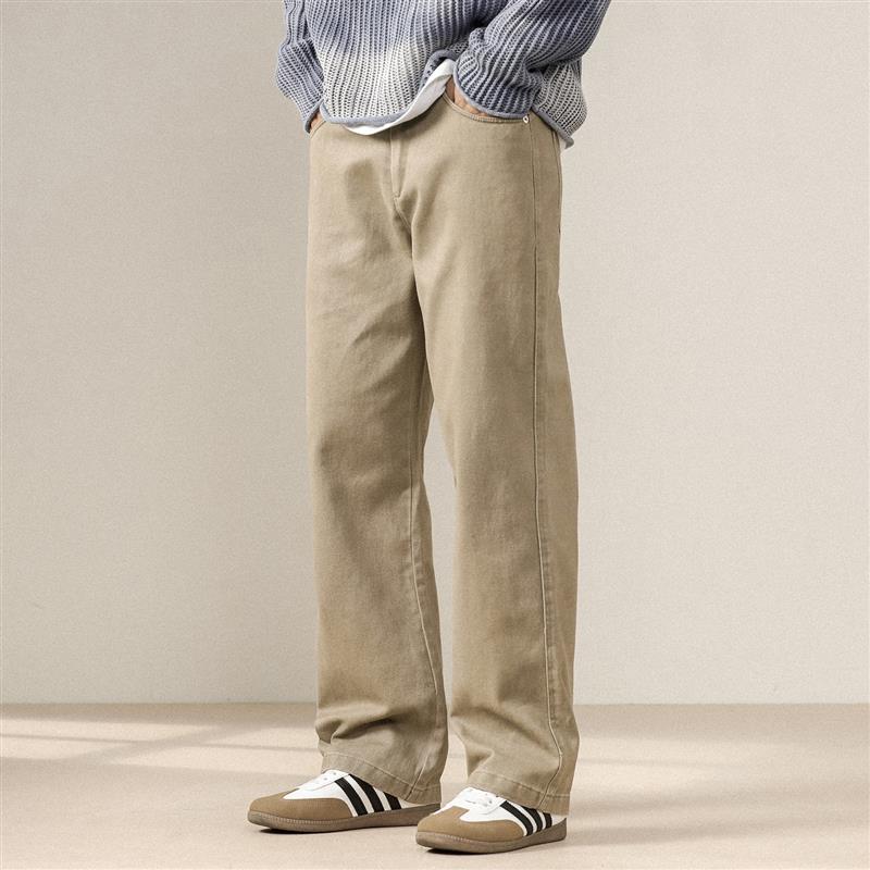 纯棉直筒休闲裤男秋冬新款复古洗水牛仔裤简约宽松加长大码阔腿裤