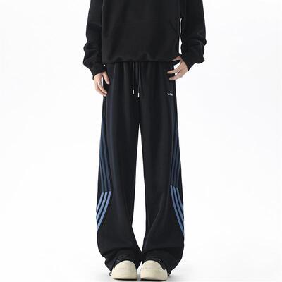 三分焦点 秋冬季重磅条纹卫裤男宽松直筒垂感美式潮牌拖地长裤子