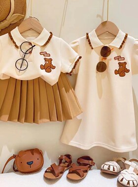 女童套装裙2023夏装卡通小熊贴标Polo领双版本公主两件套95079