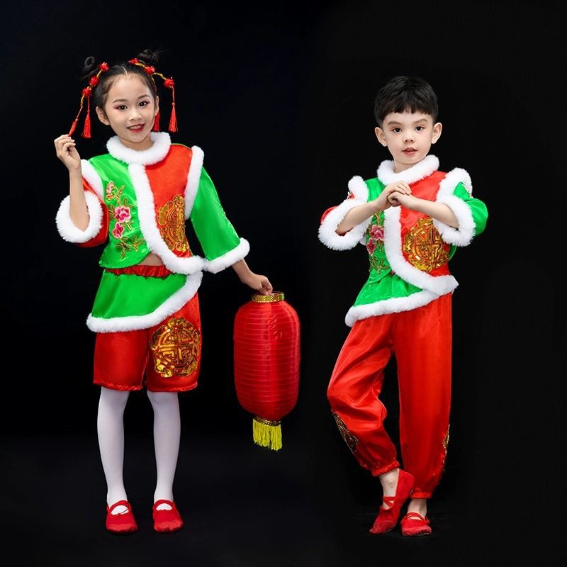 元旦儿童演出服喜庆女童秧歌中国民族打鼓六一舞蹈幼儿开门红表演