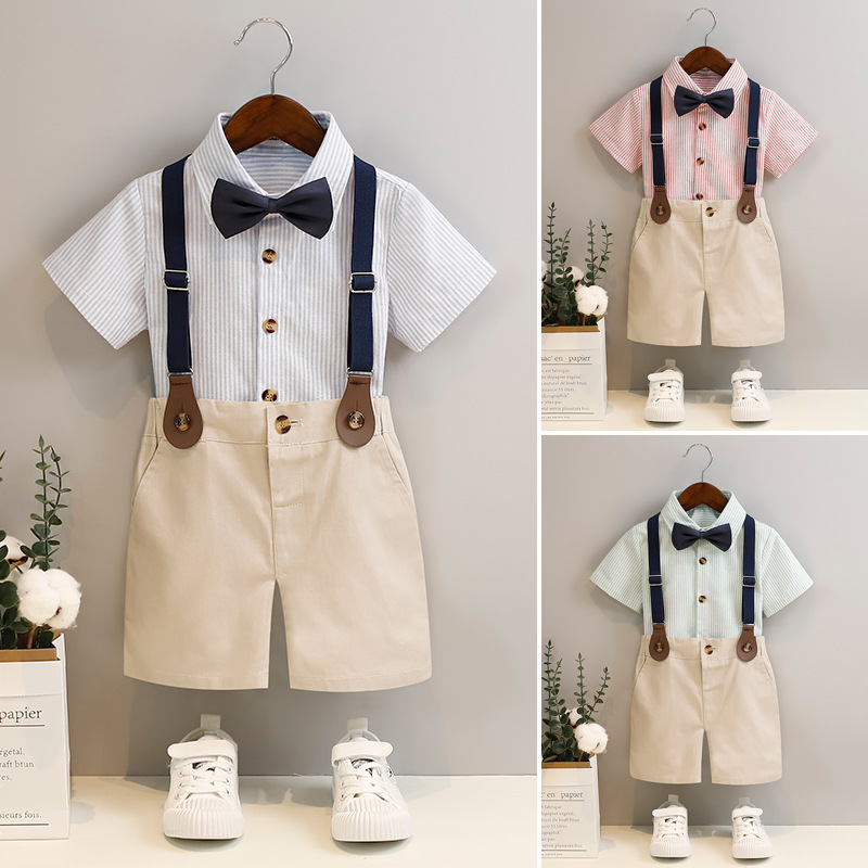 儿童礼服春夏新款男童条纹背带裤两件套宝宝周岁生日短袖衬衫