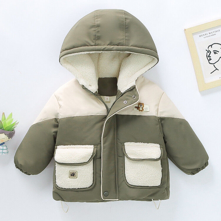 男童加绒棉袄冬天棉衣儿童宝宝加厚洋气外套连帽韩版拼接拼色小童
