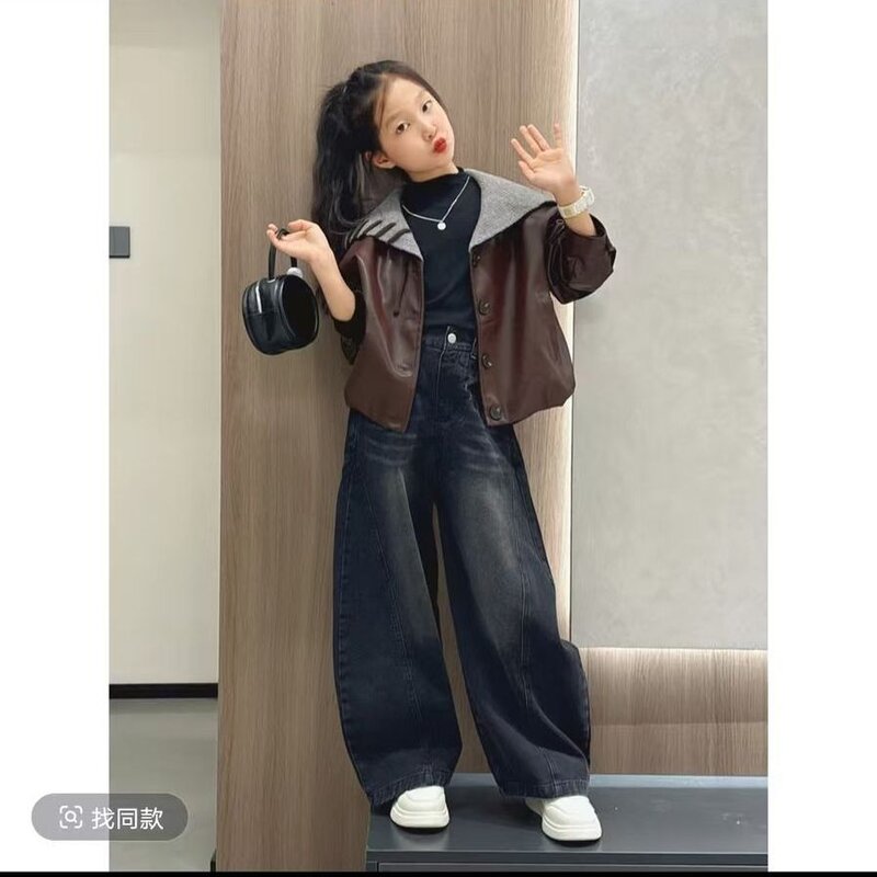 韩版女童皮衣外套儿童休闲加厚女孩夹克弯刀裤套装学生潮流两件套