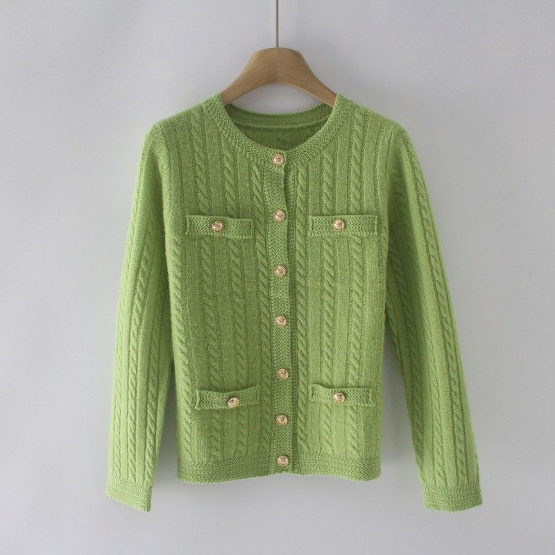 外贸尾货小香风圆领单排扣绞花纹纯羊毛针织开衫女长袖显瘦上衣,女装/女士精品,毛针织衫,淘宝优惠券,粉丝福利购,淘宝优惠卷