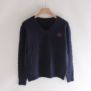 外贸尾货麻花V领绵羊毛针织衫女长袖套头宽松毛衣深蓝色上衣