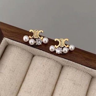 独特镶钻凯旋门珍珠耳钉女精致小巧气质设计感高级轻奢耳环耳饰~