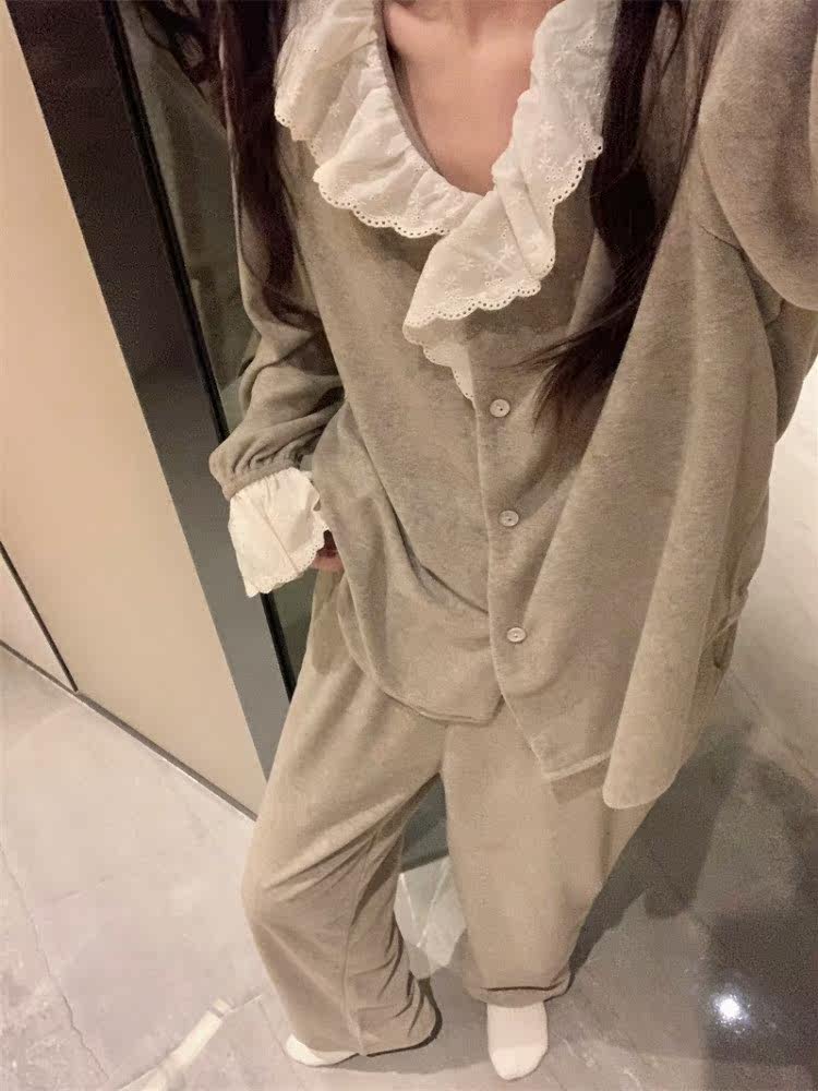 毛巾绒睡衣女冬季加绒加厚韩国简约拼接花边领珊瑚绒家居服套装
