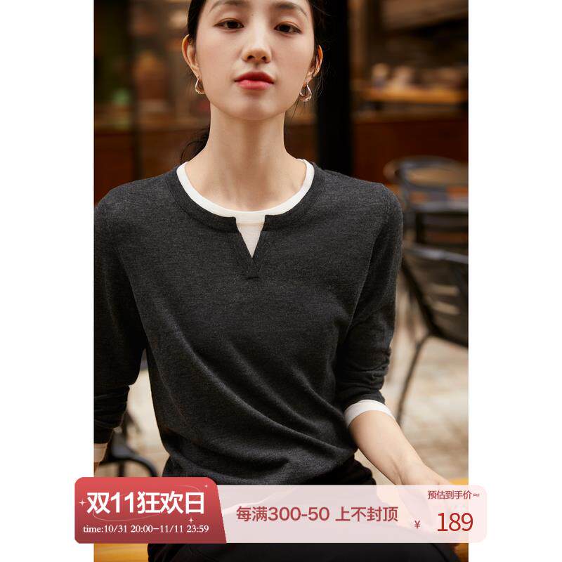 笑涵阁【叠穿SHEN器】假两件羊毛衫 智性佰搭长袖针织打底衫女