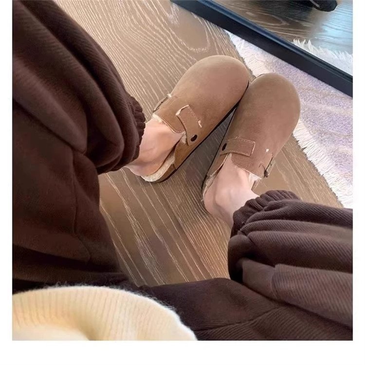 桑坡勃肯鞋磨砂皮真羊毛版复古厚底真皮毛毛勃肯单鞋女包头半拖