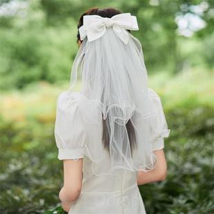 白色蝴蝶结头纱高级感求婚订婚女生领证登记拍照小头饰法式 轻短款