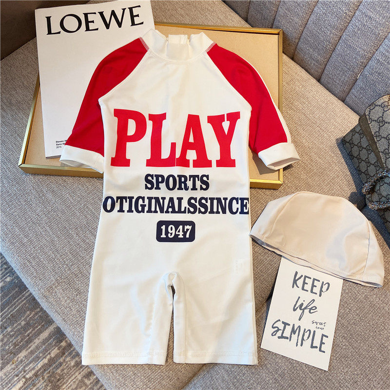 韩版英文字母印花时尚ins男女童可爱复古韩国连体游泳衣儿童泳衣