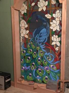 定做钢化艺术玻璃门芯玄关隔断屏风吊顶天花蓝色抽象雕刻心如止水