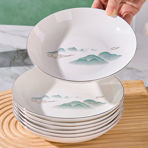 陶瓷盘子新款菜盘家用健康釉下彩陶瓷餐盘描金轻奢汤盘饭盘碗盘组