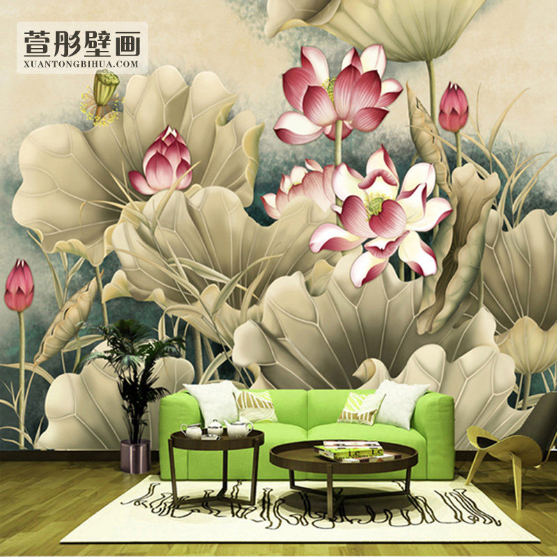 现代新中式手绘荷花电视背景墙布5d客厅沙发背景墙装饰壁纸壁画