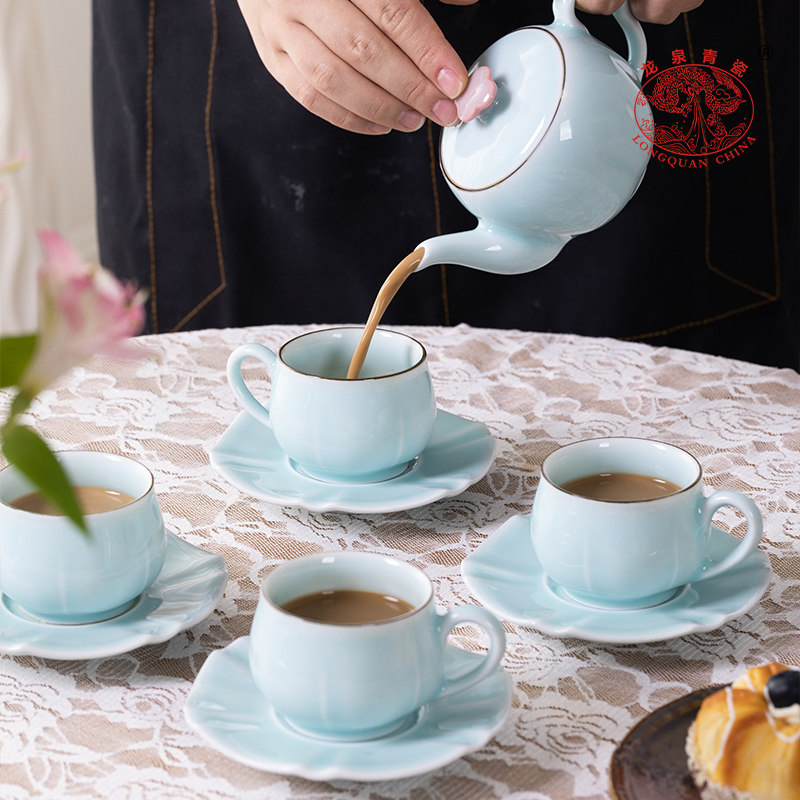 龙泉青瓷轻奢咖啡杯碟套装中式红茶壶茶杯精致高级感下午茶餐具