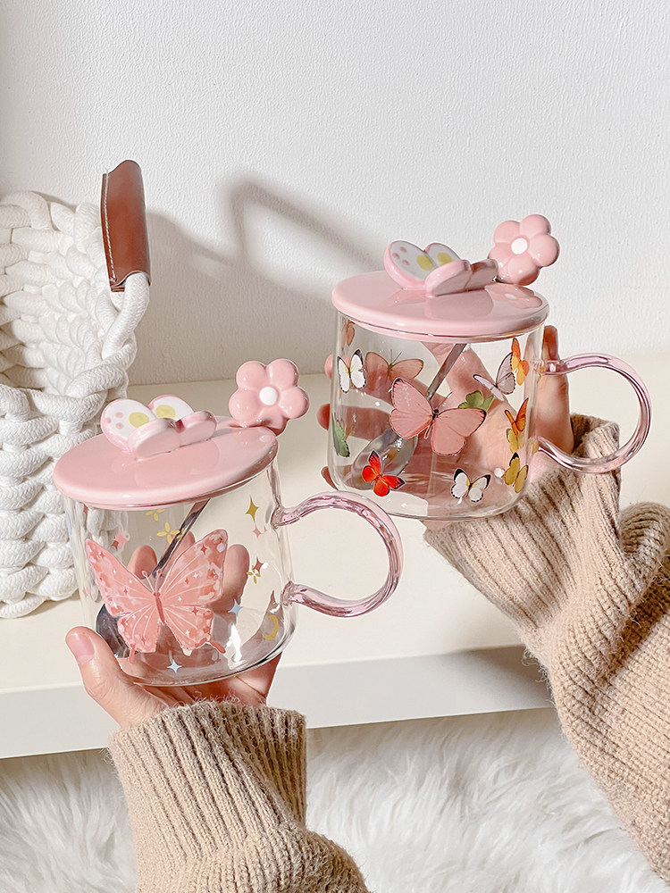 蝴蝶玻璃高颜值花茶办公室高硼硅酸盐水杯为妇女的家庭高颜值耐热,餐饮具,玻璃杯,淘宝优惠券,粉丝福利购,淘宝优惠卷
