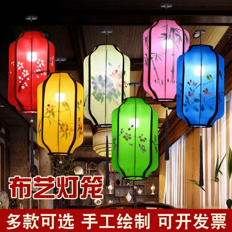 中式布艺手绘花瓶灯笼餐厅茶楼过道创意冬瓜长形吊灯具红灯笼挂饰