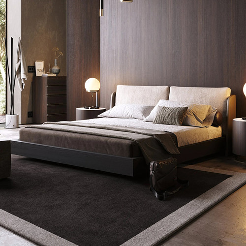 乔登/意式极简双人床主卧轻奢高端大气中古风实木床1.8米双人布床