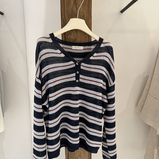 云朵小众设计夏上新三粒扣v领条纹上衣针织衫 CC0115
