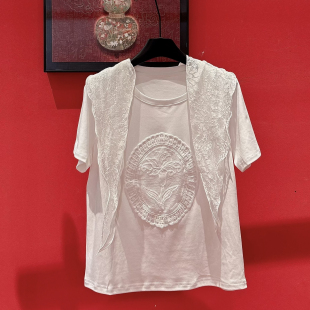 w698 配丝巾 云朵26年夏上新轻奢优雅舒适显瘦圆领刺绣短袖 T恤
