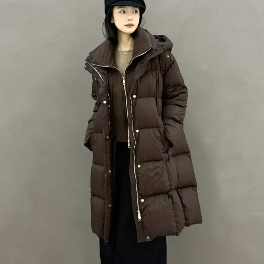 云朵设计针织门襟假两件中长保暖羽绒服外套（含90白鸭绒）CHA729