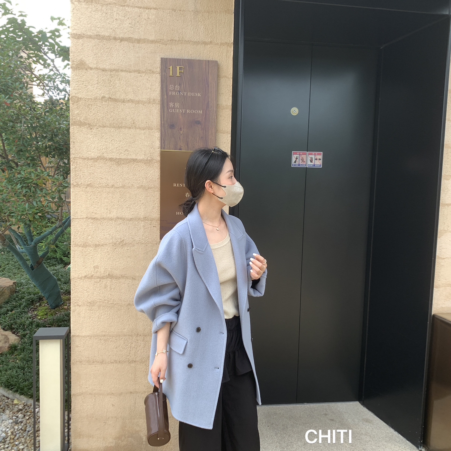 云朵羊毛韩系百搭纯色西装领双排扣羊毛外套含20羊绒255