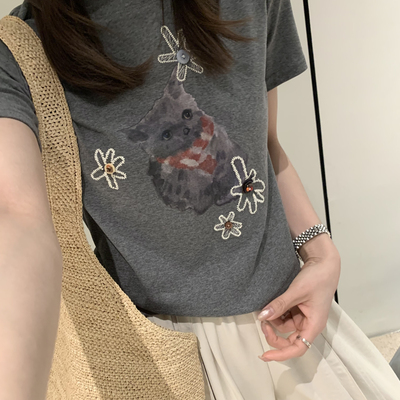 云朵新喵星人泡菜国爆火韩系卡通刺绣显瘦百搭短款短袖T恤G836G云