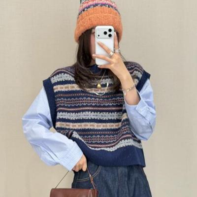 云朵尔岛提花背心拼接衬衫袖时髦套头保暖毛衣（含100羊毛）15178