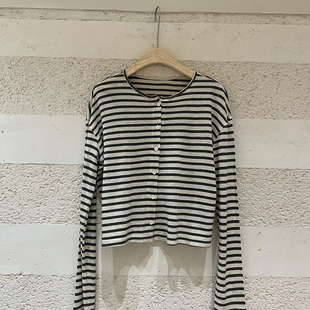 云朵家26年春款 26065 韩系简约条纹亚麻针织开衫