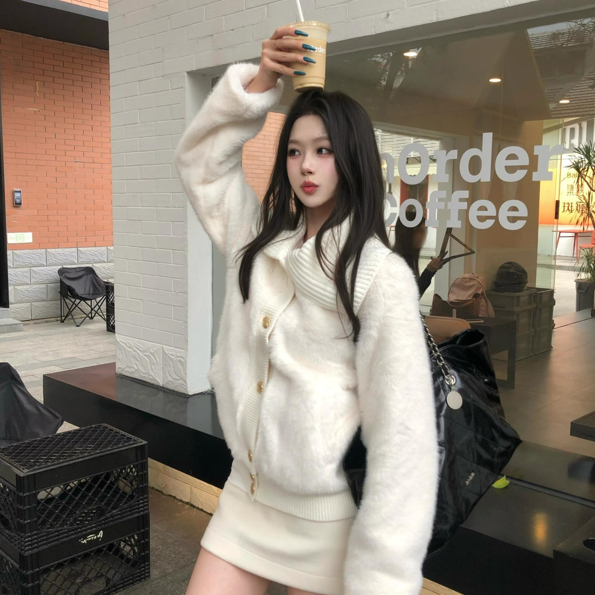 云朵美可爱风软糯大翻领仿皮草气质高级感白色毛毛短外套S9145