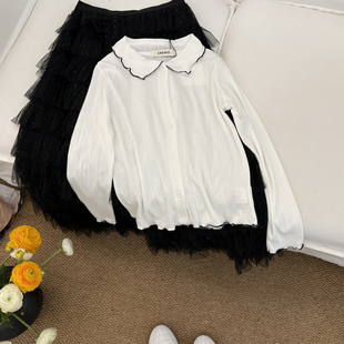 Xx756 小衫 云朵设计小众26年春款 甜美撞色木耳边翻领长袖