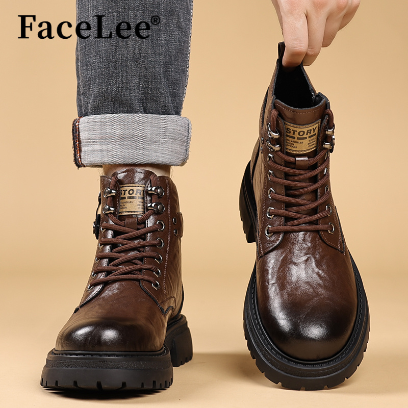 FaceLee美式马丁靴男款2025冬季加绒厚底增高鞋男英伦风复古高帮