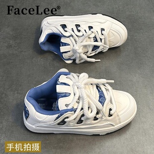 FaceLee日本设计师联名款男鞋白蓝腰果花面包鞋男秋季增高运动小