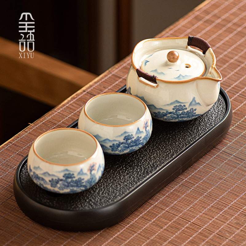 汝窑功夫茶具套装一壶二杯轻奢高档开片陶瓷泡茶壶手抓壶茶杯带盘