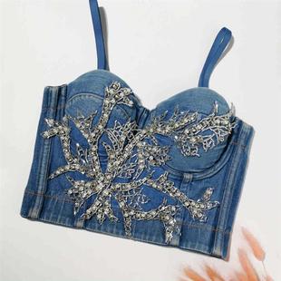 top strapless pearl tube vest hot Retro girl denim