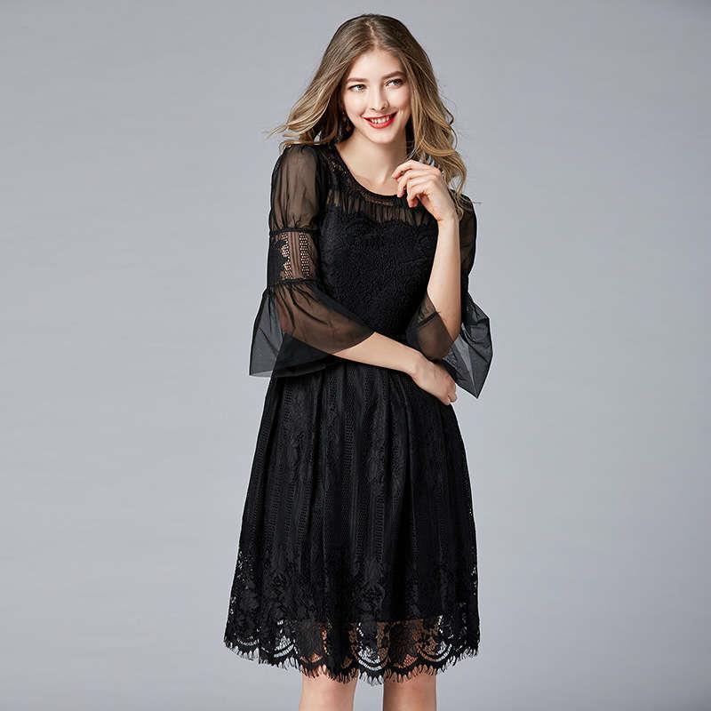 Black temperament dress discount mesh trumpet sleeves lace