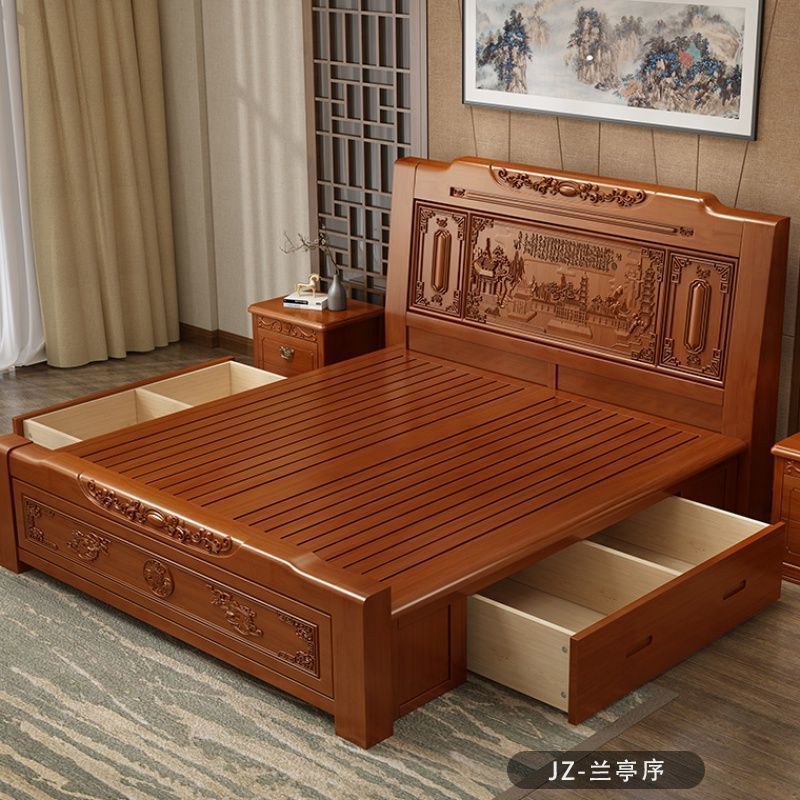 全实木带抽屉箱式实木大床中式仿古家具双人床复古典高箱体储物床