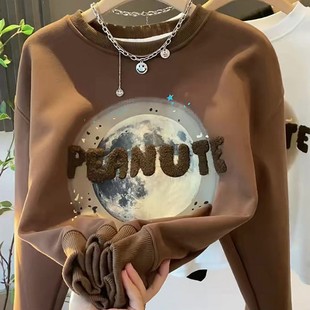 套头圆领上衣 打底衫 字母星球加绒加厚卫衣女秋冬203新款 宽松长袖