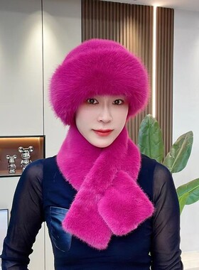 冬季围巾蒙古帽毛绒帽子女士加厚保暖仿貂毛防风套装防寒护耳