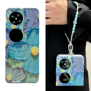 适用华为pocket 2手机壳小折叠屏新款高级感紫色油画花poket S保护套手腕带挂绳全包防摔斜轻奢p50packet外壳