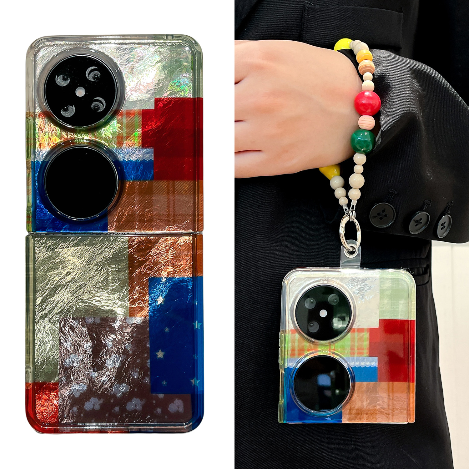 适用华为Pocket 2手机壳新款锡纸纹拼格小碎花pocket S折叠屏软胶全包防摔p50 pocket高级感手链女款保护套