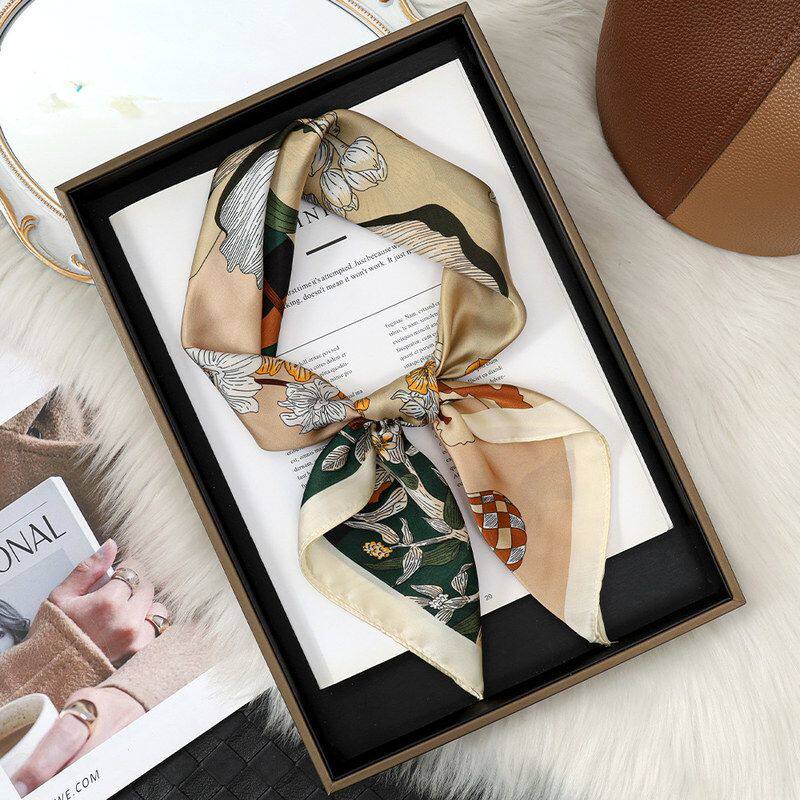 复古格子70仿真丝丝巾小众时尚花卉围脖披肩女士绑包丝巾伴手礼