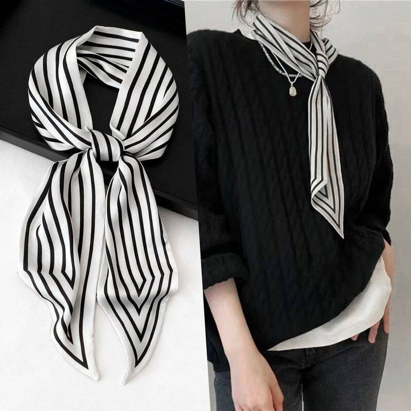 气质高级条纹丝巾女春秋夏季小长条百搭新款搭配衬衫职业装饰领巾