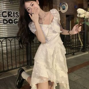 法式 收腰海邊度假短裙子 新款 初戀仙女不規(guī)則白色公主連衣裙女夏季