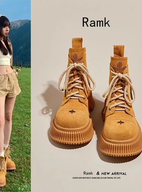 德国RAMK马丁靴女2026秋冬季新款登山复古麂皮大黄靴厚底中筒短靴
