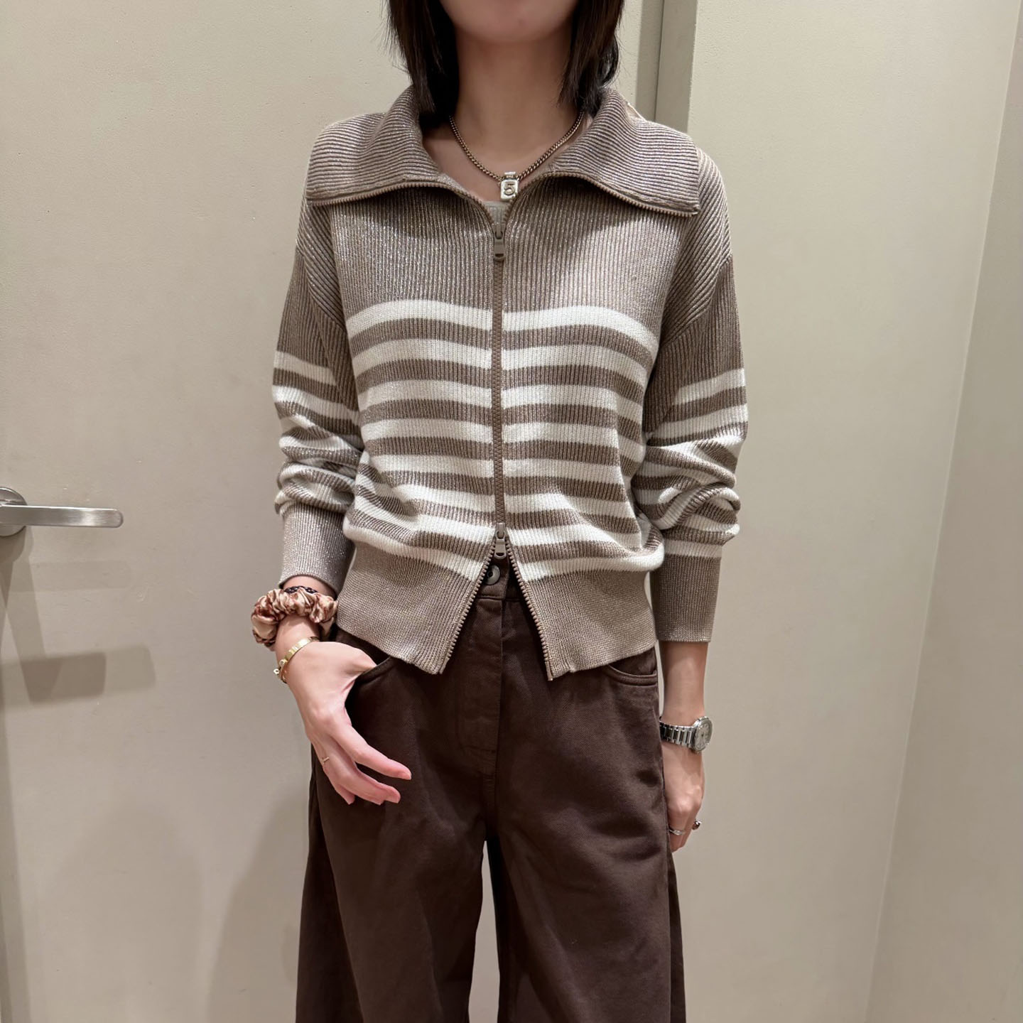棉混纺翻领撞色条纹金线针织开衫